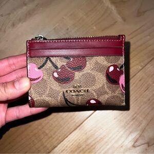 Coach Cherry Print Card Holder - Brown and Red mini skinny ID